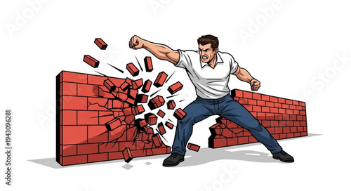 Man Breaking Through Brick Wall.