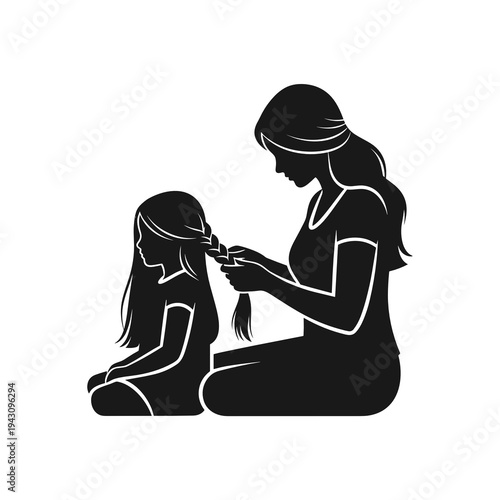 Mother braiding daughter hair silhouette on white background