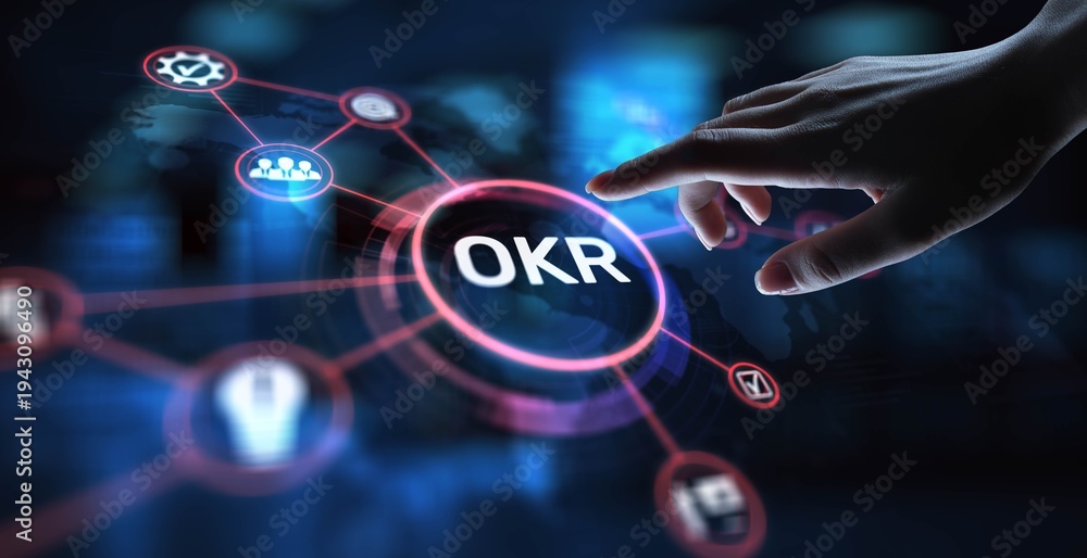 Fototapeta premium OKR Objectives and Key Results for Performance Management, projection on a virtual screen, Business and Technology Concept.