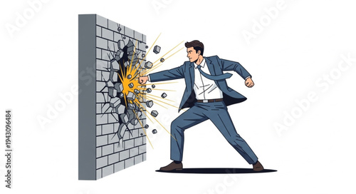 Man Breaking Through Brick Wall.