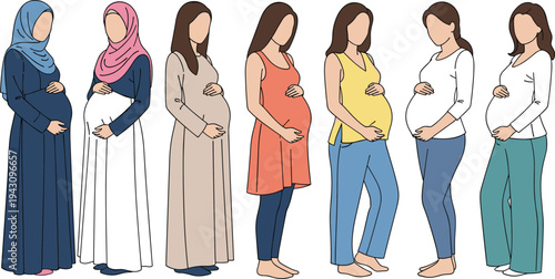 Diverse Pregnant Women Icon Set Featuring Different Ethnicities and Clothing Styles for Maternity and Health Designs