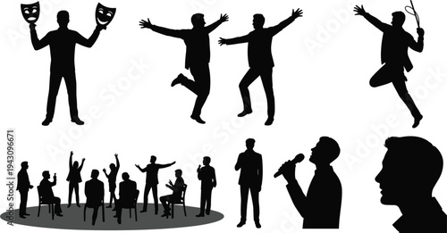 Silhouettes of men in various performance and audience poses on a white background Keywords: performance, silhouette, men