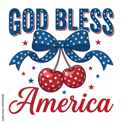 God Bless America Patriotic Cherry Bow Stars and Stripes USA Independence Design