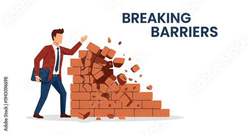 Man Breaking Through Brick Wall Obstacle.
