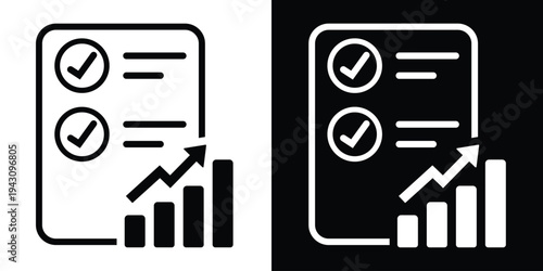 Clipboard checklist with a rising bar graph. Vector illustration for business analytics, performance tracking, data reports, and project management progress.