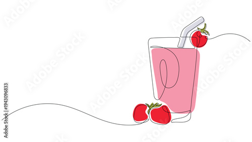 Continuous One Line Drawing of Strawberry Smoothie in  Glass with Berries. Editable stroke