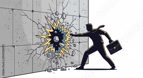 Man Breaking Through Concrete Wall.