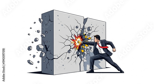 Man Breaking Through Concrete Wall.