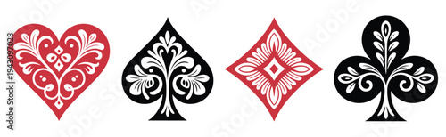 Decorative playing card suits illustration, featuring intricate floral patterns on hearts, spades, diamonds, and clubs, elegant casino design on black background for gaming, entertainment, and luxury 