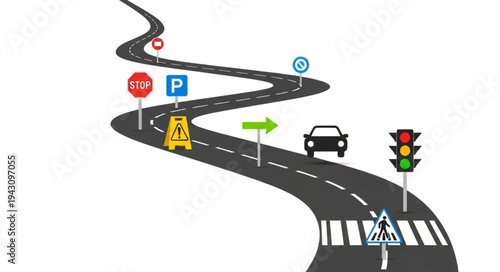Roadway Safety - Navigating Traffic Signs and a Car on the Road.