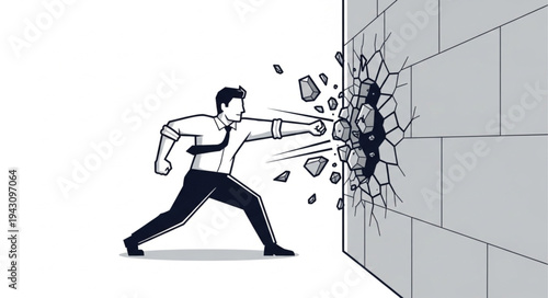 Man Breaking Through Concrete Wall.