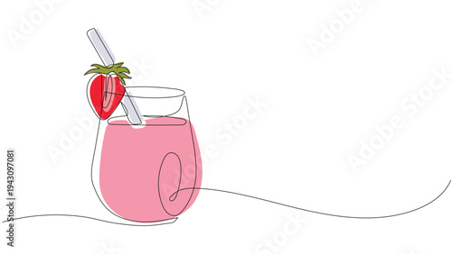Continuous One Line Drawing of Strawberry Smoothie in  Glass with Berries. Editable stroke