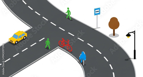 Isometric Road Intersection with Pedestrians and a Yellow Car.