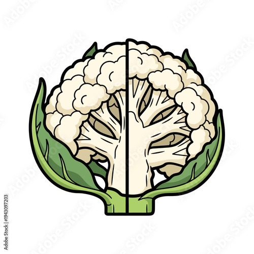Detailed illustration of a fresh cauliflower cut in half, revealing its intricate internal structure and florets.