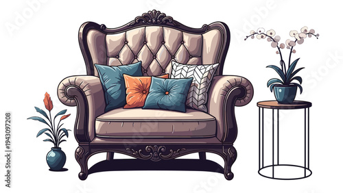 Elegant vintage armchair with plush cushions sits next to a small side table holding a potted orchid for a sophisticated interior design scene.