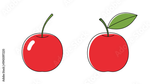 Two bright red cherries with green stems and one leaf are shown side-by-side in a simple and clean fruit-themed graphic design.