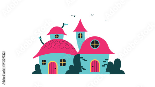 Two charming whimsical houses with bright pink roofs and blue walls stand amidst green bushes under a clear sky for a fairy tale theme.