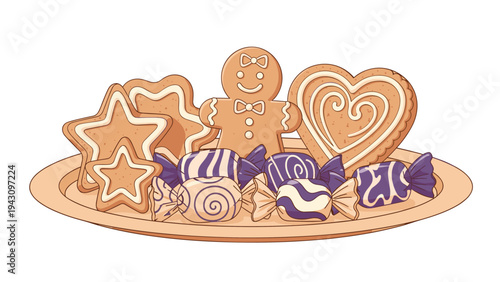 Large plate is filled with festive gingerbread men, stars, hearts, and wrapped candies for a sweet holiday dessert table illustration.