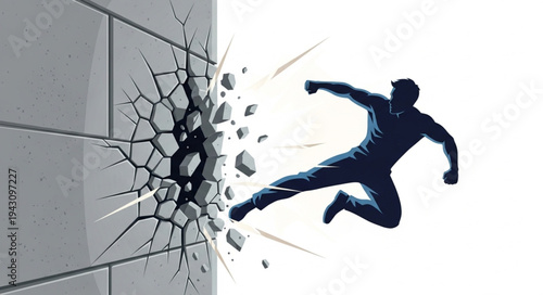 Man Breaking Through Concrete Wall.
