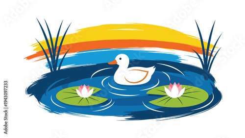 White duck swims peacefully on a blue pond with green lily pads and pink lotus flowers in a colorful nature-themed artistic illustration.