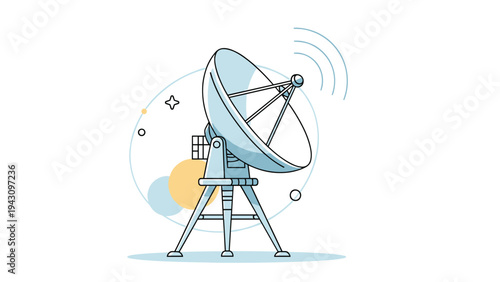 Modern satellite dish antenna stands on a tripod base and transmits signals surrounded by soft colorful circles and simple geometric shapes.