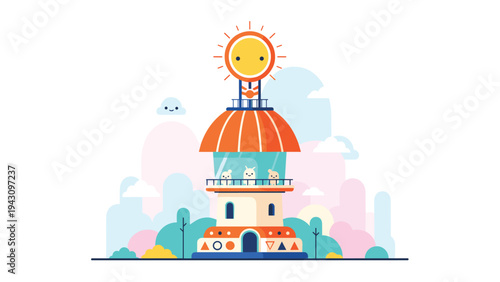 Tall futuristic tower features a bright orange solar dome and observation deck set against a landscape of soft colorful hills and clouds.