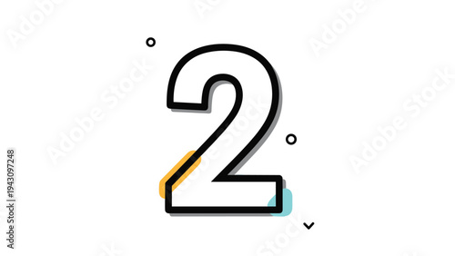 Stylized number two graphic featuring a bold black outline with colorful geometric accents on a clean white background.