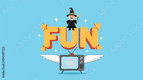 Whimsical cartoon illustration of a cute wizard character standing on the word fun above a retro flying television with wings.