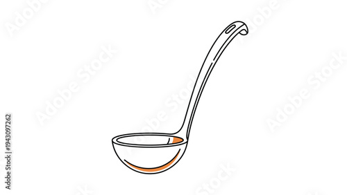 Simple line drawing of a kitchen soup ladle utensil with a long handle and orange accents isolated on a white background.