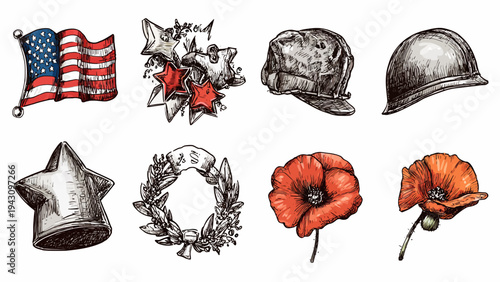 Memorial Day illustration set featuring patriotic USA flag, soldier helmets, poppies, stars, and wreaths in a red, white, and blue theme, symbolizing remembrance and honor for fallen