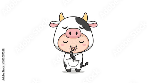 Cute cartoon character baby dressed in a black and white cow animal costume holding a small pink flower and blushing.