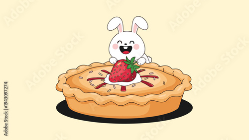 Adorable cartoon white bunny rabbit smiling happily behind a large delicious fruit pie topped with a fresh red strawberry.