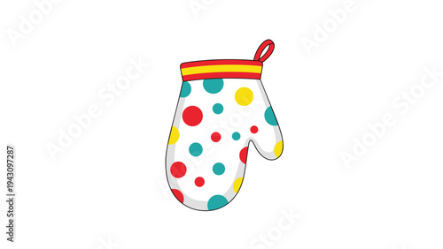 Decorative kitchen oven mitt featuring a white fabric base covered in vibrant multi-colored polka dots and a red trim.
