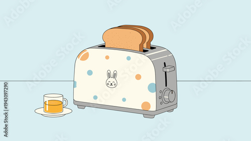 Cozy breakfast scene illustration featuring two slices of toast in a decorated toaster next to a cup of warm orange tea.