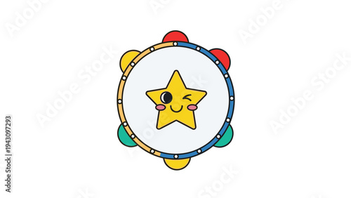 Colorful toy tambourine for children featuring a happy winking star character in the center with bright red and blue trim.
