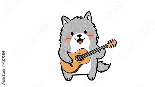 Adorable cartoon grey wolf character with blushing cheeks playing a wooden acoustic guitar and singing happily.