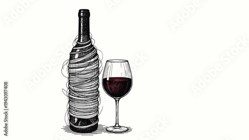 Classic detailed drawing of a wine bottle wrapped in string next to a glass filled with deep red wine on a table.