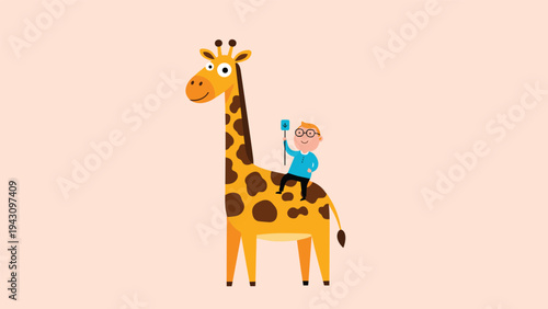 Whimsical illustration of a tall spotted giraffe with a small person character sitting comfortably on its back holding a flag.