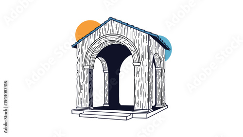 Architectural illustration of an ancient stone pavilion or gazebo structure with arches and a tiled roof on a white background.