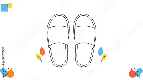 Simple overhead line drawing of a pair of casual slippers or sandals surrounded by small decorative leaf accents.
