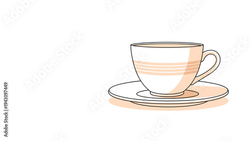 Simple elegant illustration of a white ceramic teacup with striped patterns sitting on a matching saucer on a white background.