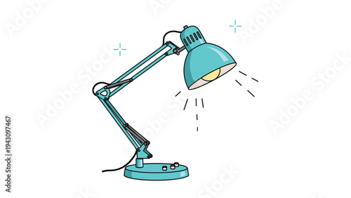 Functional blue adjustable desk lamp with a bright yellow light bulb and electrical cord on a white background.