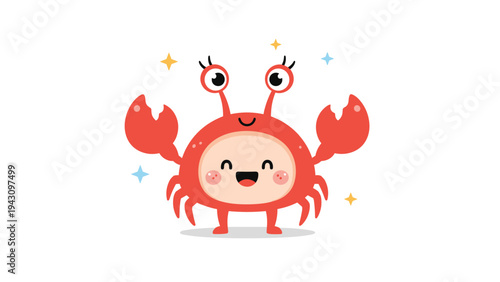Adorable red cartoon crab character with big eyes and a friendly smile, surrounded by colorful stars on a white background.