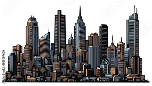 Urban city skyline panorama with numerous skyscrapers and office buildings, rendered in a detailed architectural sketch style.