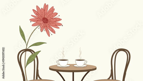 Romantic outdoor cafe setting with two cups of steaming coffee on a small table, next to a tall, vibrant red flower.