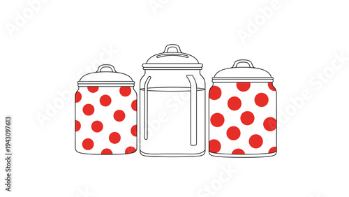Set of three traditional kitchen canisters with red polka dot patterns and lids, suitable for home decor or culinary themes.