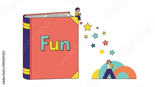 Whimsical scene with a giant red book titled Fun, featuring small people reading and colorful stars floating in the air.
