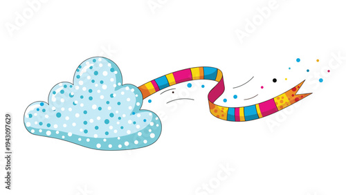 Artistic blue cloud with white polka dots trailing a long, multi-colored patterned ribbon through the air with stars.