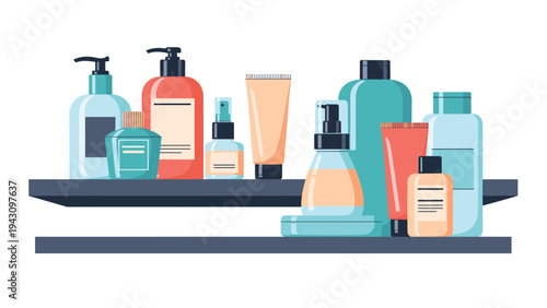 Selection of skincare and beauty products like lotions, sprays, and creams arranged neatly on two dark gray shelves.