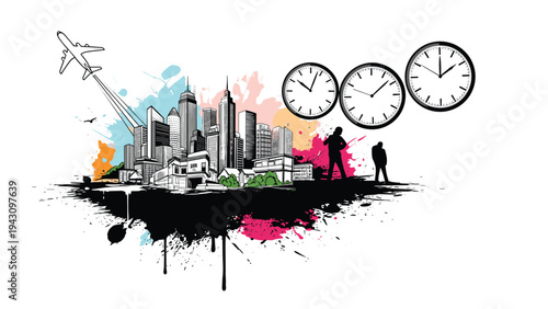 Dynamic city skyline montage with splashing paint colors, an airplane taking off, and three large analog clocks overhead.